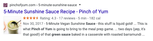 Screenshot of Pinch of Yum's 5-Minute Sunshine Sauce recipe in Google Search Results
