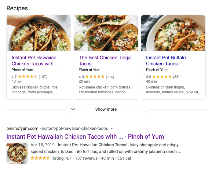 Screenshot of rich search results