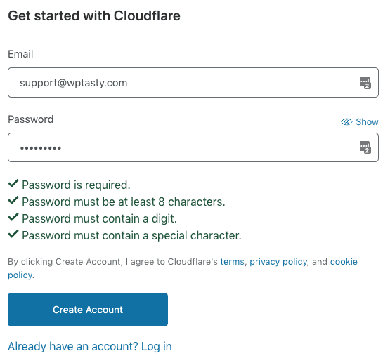 An example of setting up a Cloudflare account.