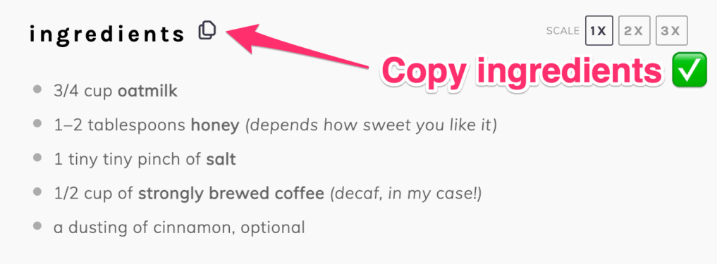 copy ingredients to clipboard