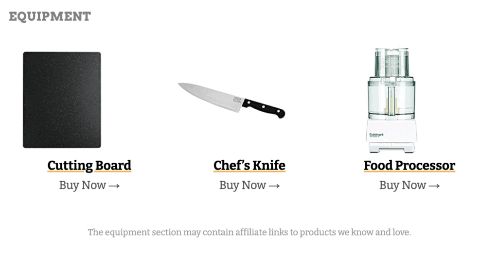 tasty Recipes affiliate equipment section