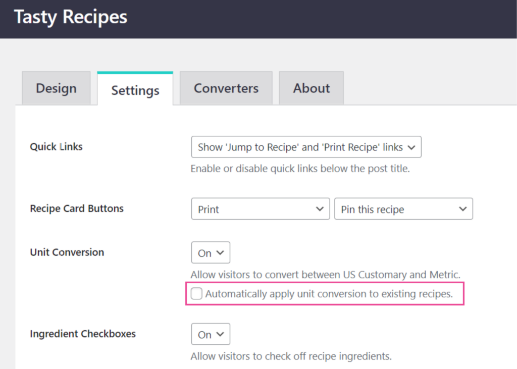 In Tasty Recipes' settings, under the Unit Conversion section, you can now select the "Automatically apply unit conversion to existing recipes." This will add unit conversion buttons to all your recipes, not just the ones published after Tasty Recipes 3.3.0 release. 