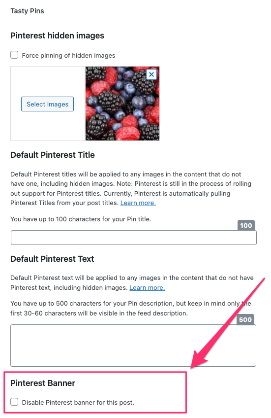 Under the Pinterest hidden images and Default Pinterest Title sections, you will find the option to disable the Pinteres