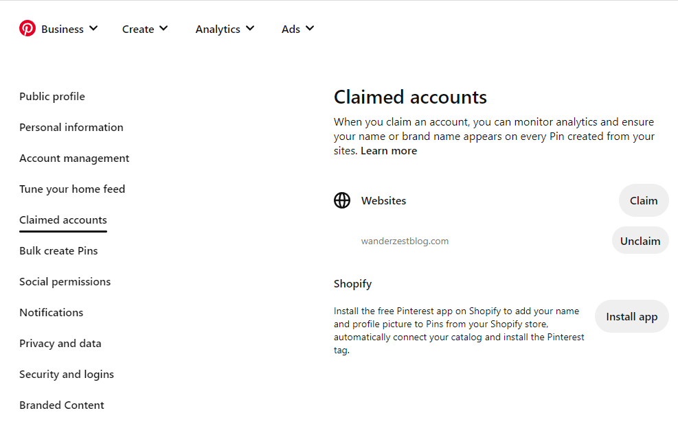 Pinterest claimed accounts settings