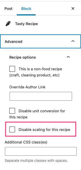 Disable scaling for a single recipe.
