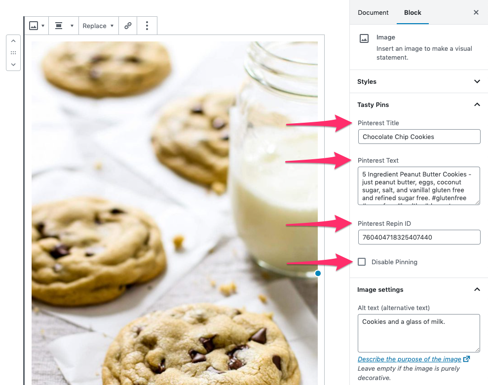 When you click on an image inside your post editor, the Tasty Pins features appear. You can add your Pinterest title, pin descriptions, the Pinterest Repin ID, and also opt to disable pinning of the photo.