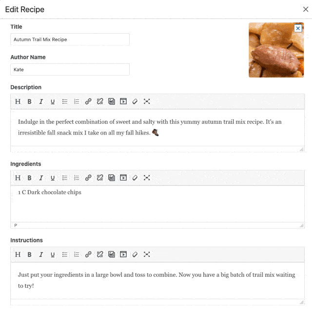 GIF showing a recipe card being edited with Tasty Recipes, highlighting recipe SEO features like metadata, ingredients, and instructions.