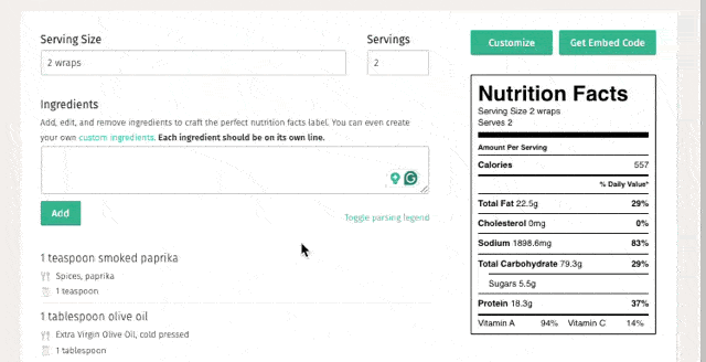 A gif showing how to add and edit nutrition facts with Nutrifox.