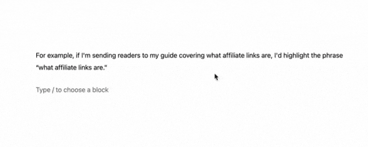 GIF showing text being highlighted and the link icon clicked in the WordPress editor to add a link.