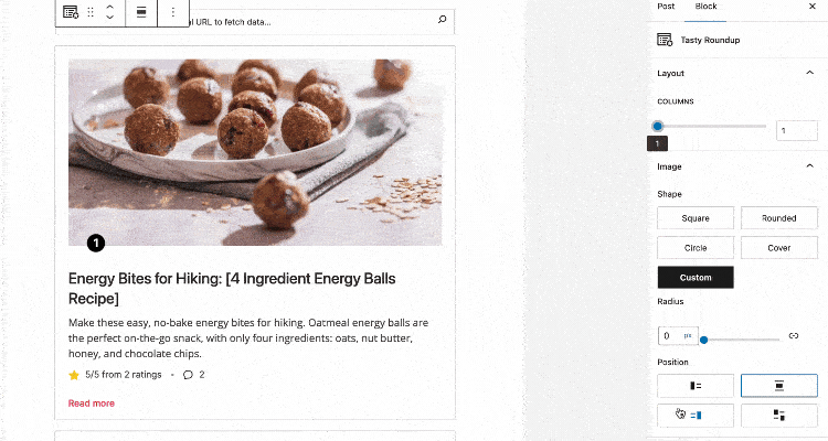A gif showing styling options for Tasty Roundups 2.0. It's showing the block editor in WordPress, where you can now edit your recipe post's layout, image shape, size, and more.