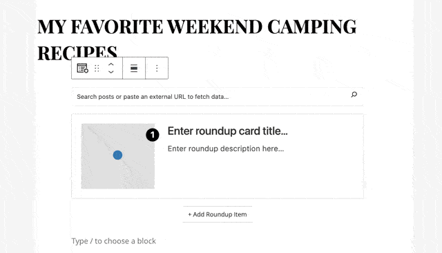 A gif showing how to add recipes to your recipe roundup post with Tasty Roundups. Type your recipe into the search bar, and click the article you want to link to.
