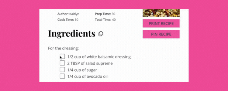 A gif showing someone ticking off the ingredient checkboxes on a Tasty Recipes recipe card.