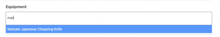 Typing a product name into the Tasty Recipes Equipment field and selecting a saved affiliate item (Matsato Japanese Chopping Knife) from the Tasty Links library.